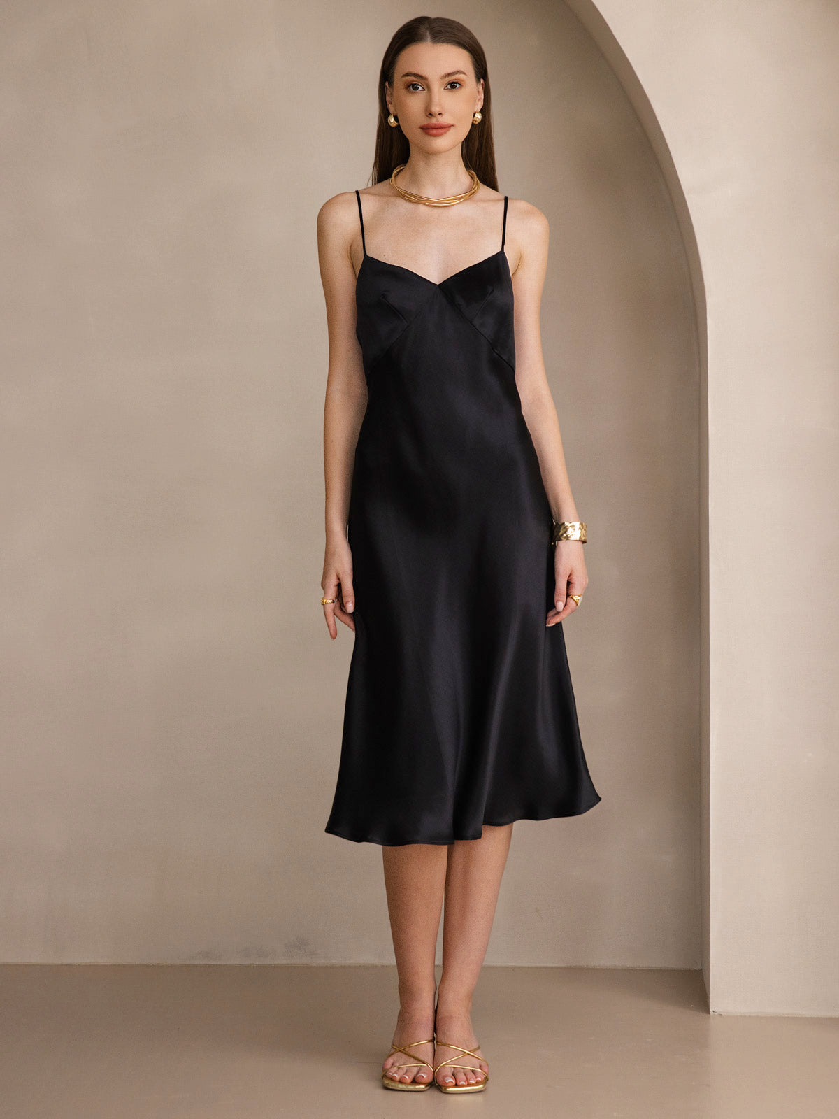 [Negro] SilkSilky-ES 19Momme Seda Pura Cuello en V Vestido 004