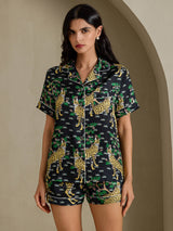 [Serval Negro] SilkSilky-ES Short Sleeve Notch Collar Pijamas de mujer 001