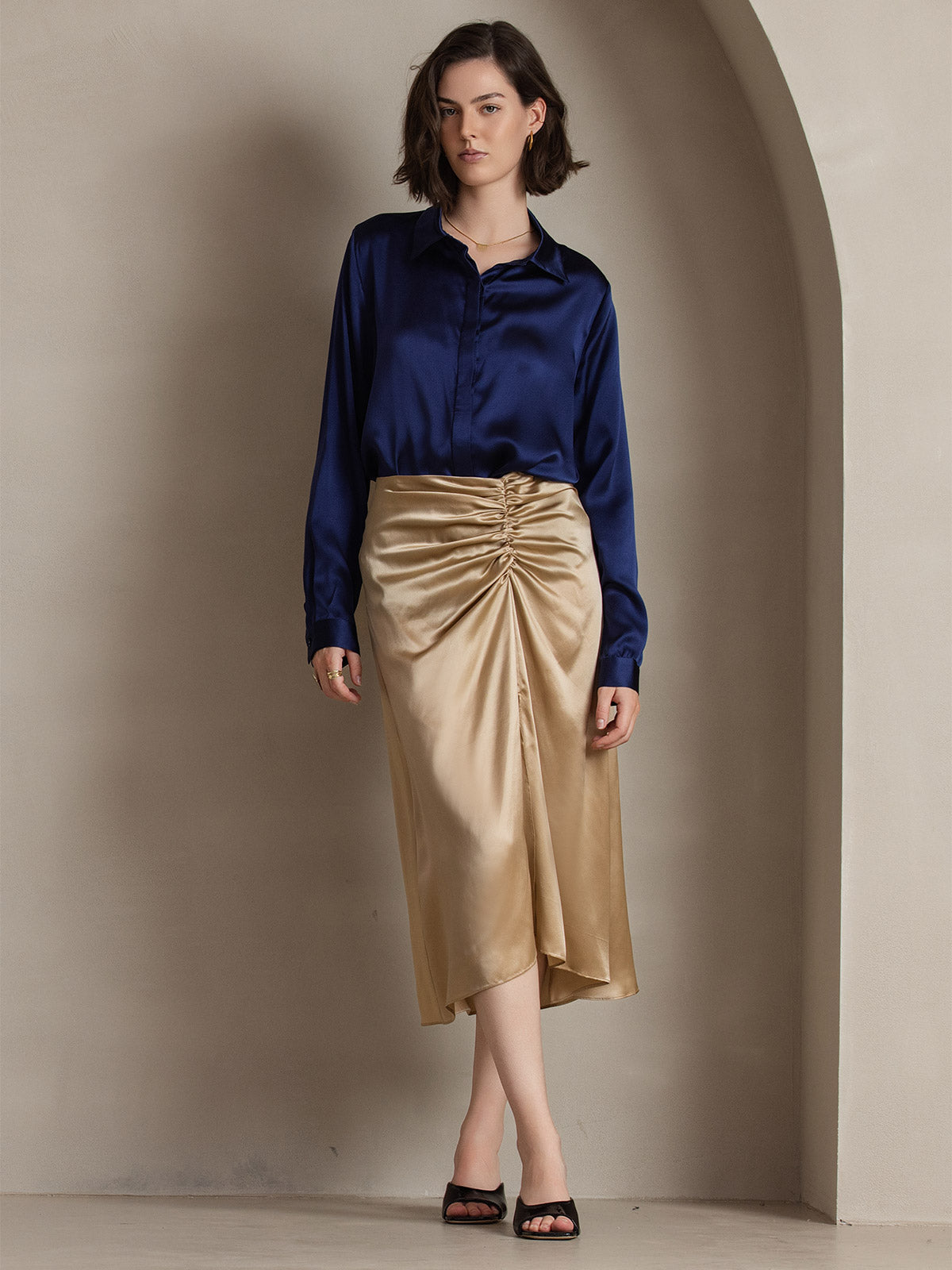[Azul Oscuro] SilkSilky-ES 19Momme Seda Lapel Collar Blusas de Mujer 004