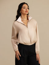 [MarrónClaro+Rosa] SilkSilky-ES 18Momme Manga larga Cuello Alto Chaqueta de mujer 003
