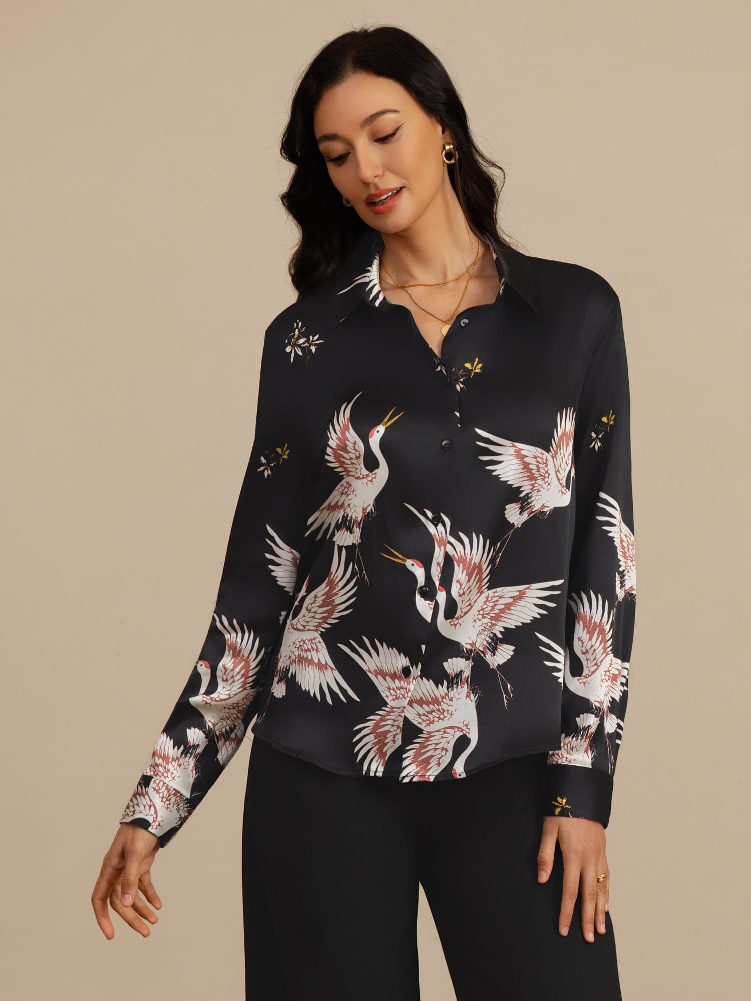 [Negro] SilkSilky-ES 19Momme Manga larga Cuello con Solapa Blusas de Mujer 006