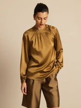 [Bronce] SilkSilky-ES 19Momme Manga larga Cuello Redondo Blusa 003