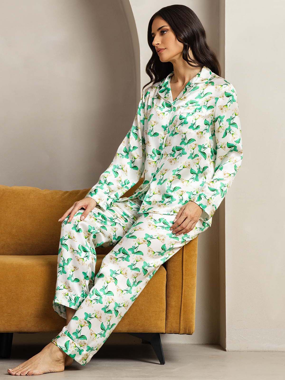 [Floral Verde] SilkSilky-ES Seda Pura Womens Pajamas 005