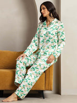 [Floral Verde] SilkSilky-ES Seda Pura Womens Pajamas 005,