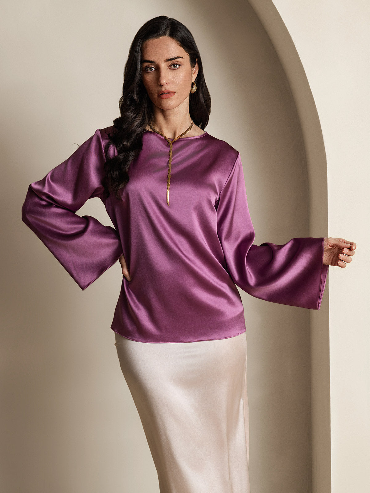 [Morado Oscuro] SilkSilky-ES 19Momme Seda Womens T-Shirt 003