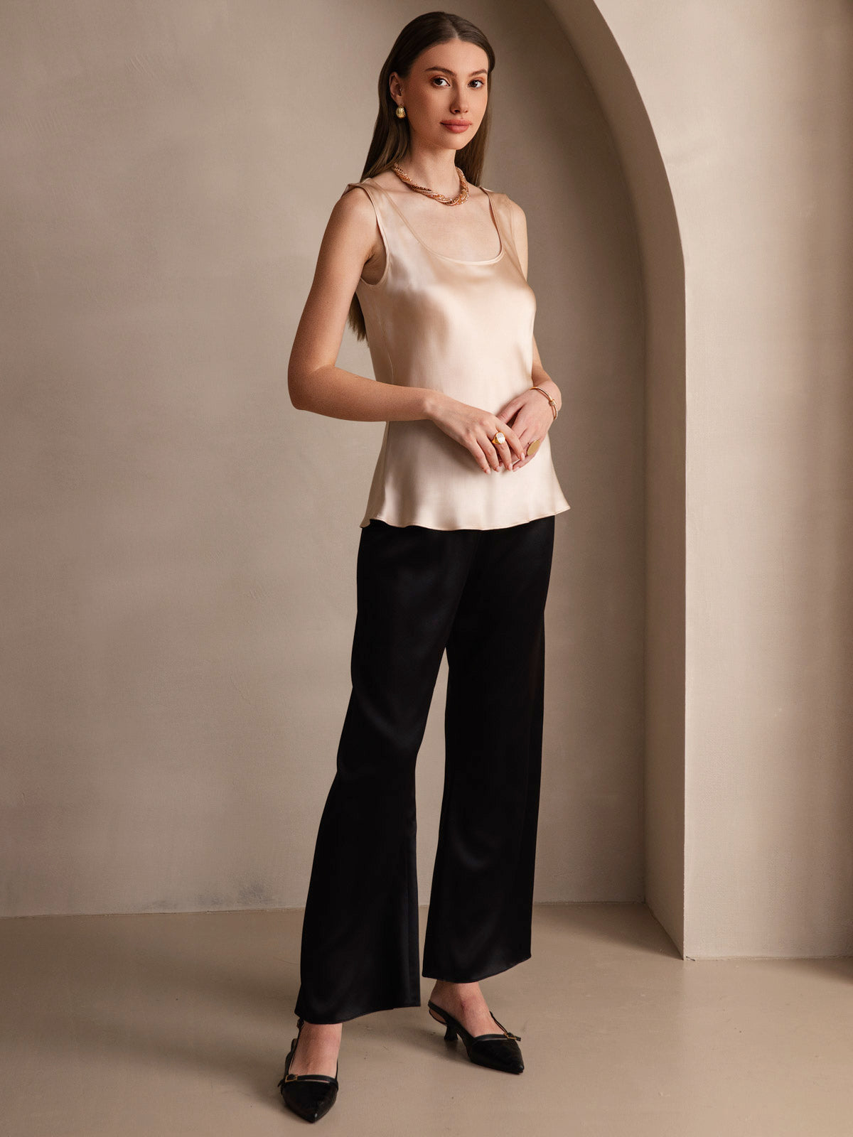 [Champán] SilkSilky-ES 19Momme Sin mangas Escote Cuchara Top de tirantes 006