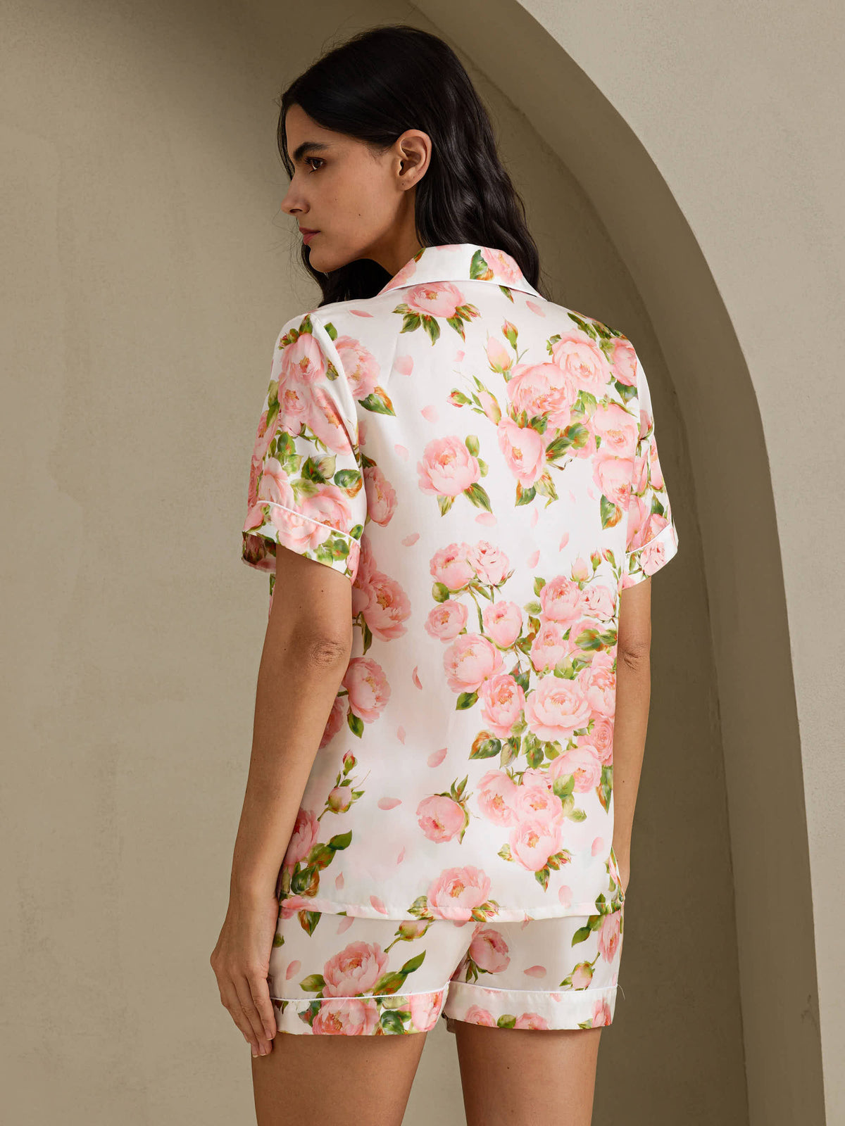 [Peonía Blanca] SilkSilky-ES Short Sleeve Notch Collar Pijamas de mujer 002