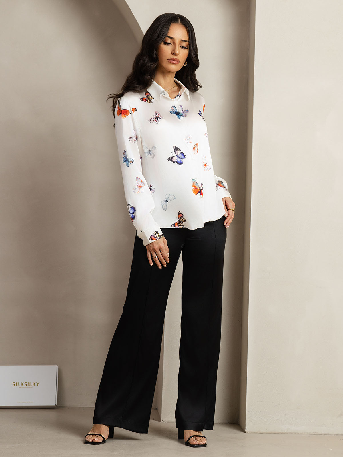 [Mariposa Blanca] SilkSilky-ES Seda Manga larga Cuello Camisero Blusas de Mujer 007