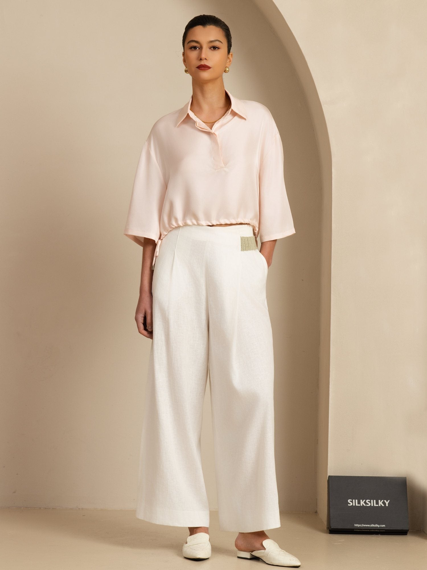 [Rosa] SilkSilky-ES 18Momme A metà Cuello con Solapa Blusa 007