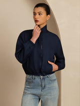 [Negro+AzulOscuro] SilkSilky-ES 18Momme Manga larga Cuello Alto Chaqueta de mujer 003