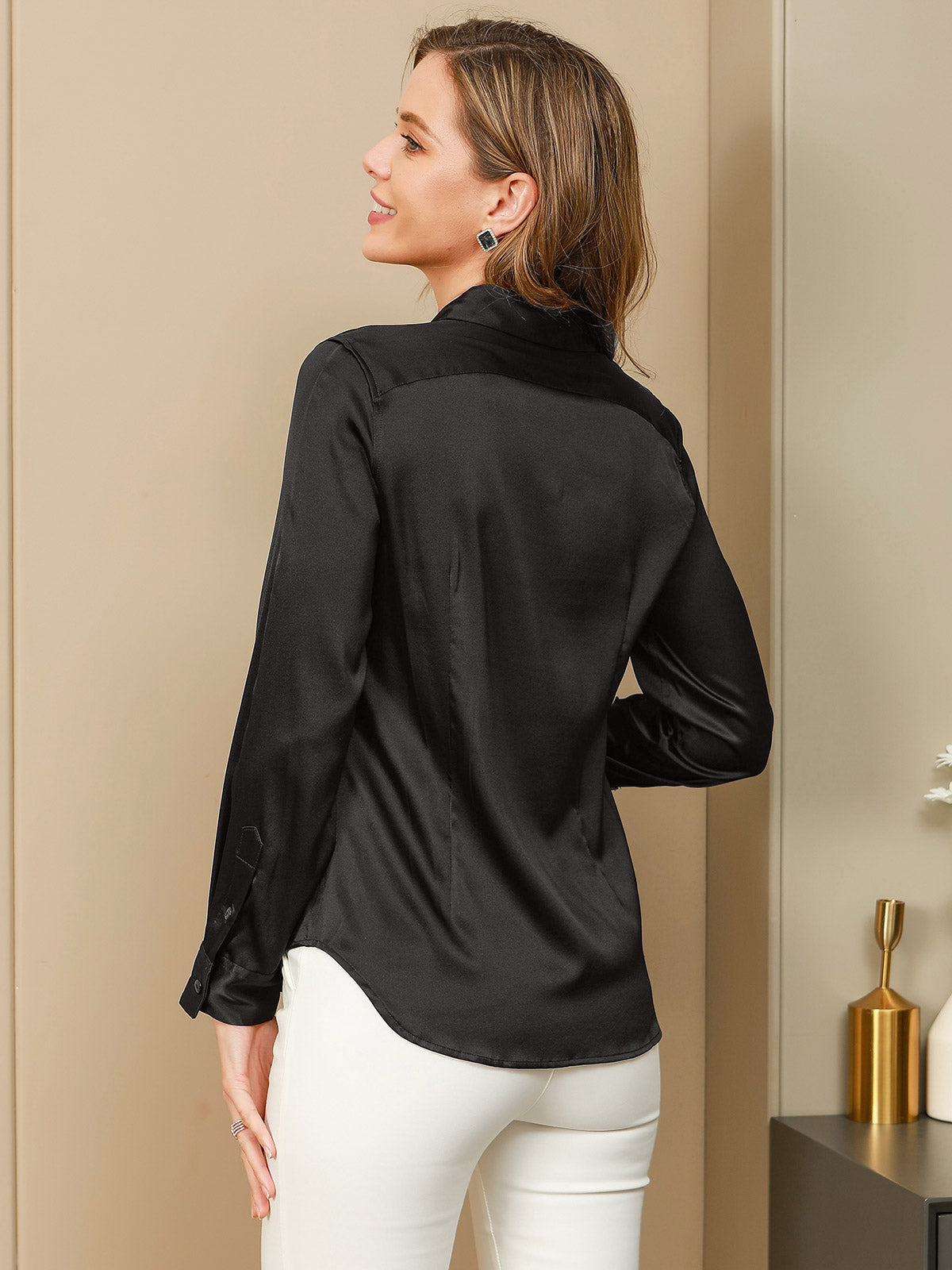 [Negro] SilkSilky-ES Seda Lapel Collar Blusas de Mujer 002