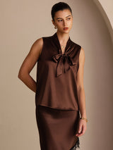 [Chocolate Negro] SilkSilky-ES Sleeveless Tie Neck Top de tirantes 003