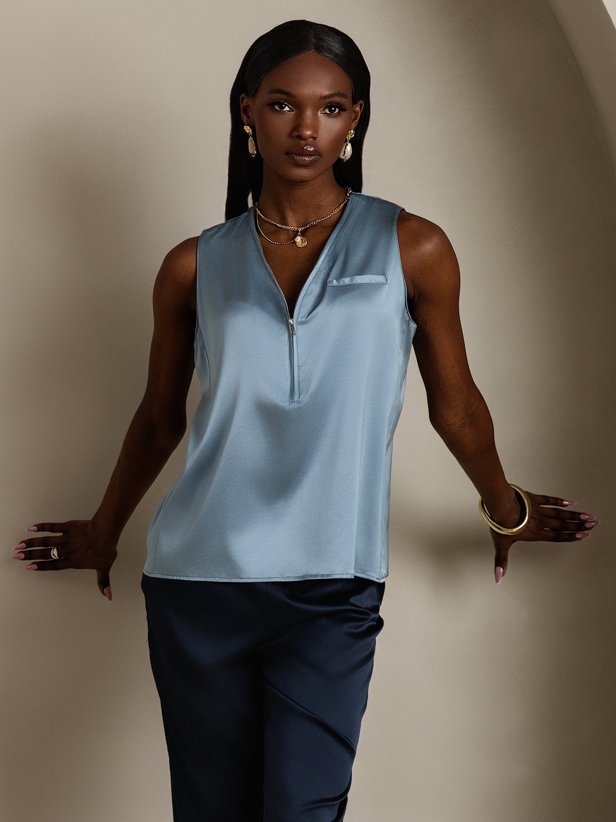 SilkSilky-ES 19Momme Seda Sin mangas Cuello en V Blusas de Mujer AzulGrisáceo 004
