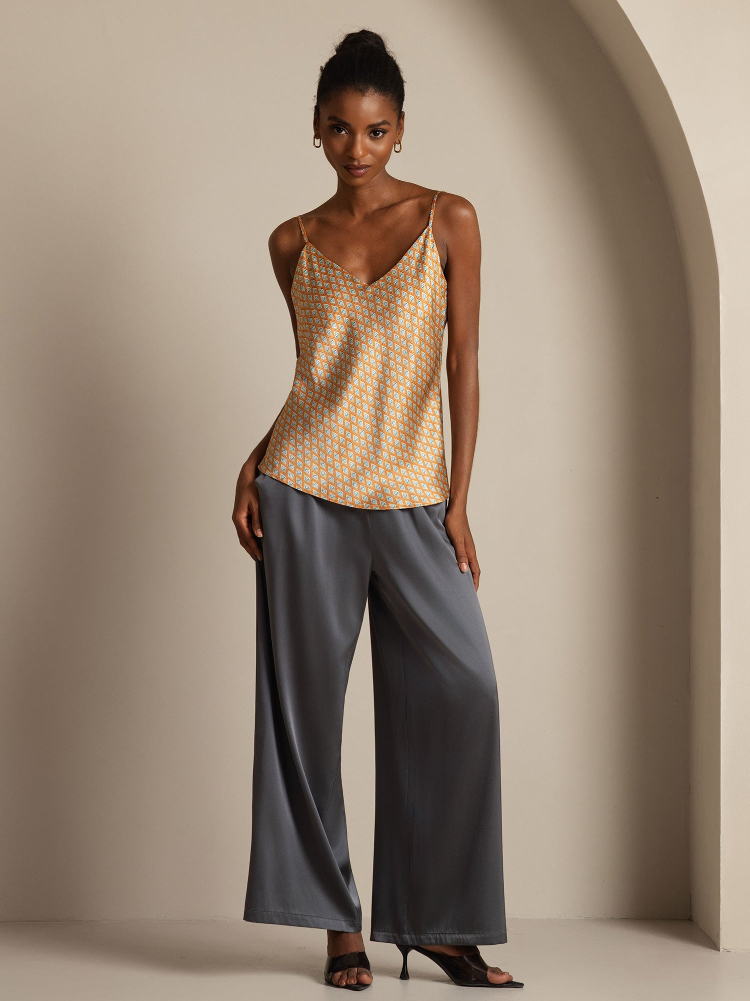 [Floral] SilkSilky-ES Seda Pura Cuello en V Top de tirantes 005