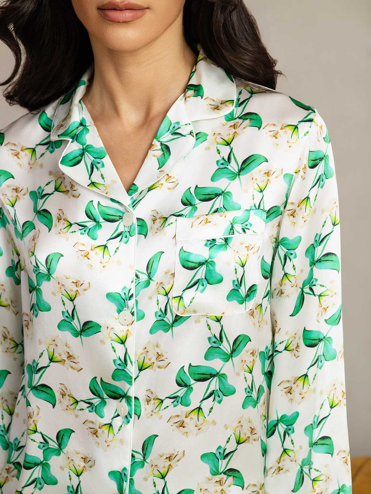 [Floral Verde] SilkSilky-ES Seda Pura Womens Pajamas 007