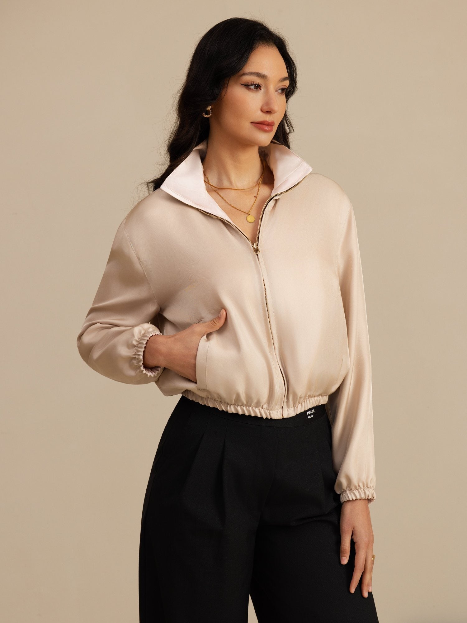 [MarrónClaro+Rosa] SilkSilky-ES 18Momme Manga larga Cuello Alto Chaqueta de mujer 001