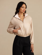 [MarrónClaro+Rosa] SilkSilky-ES 18Momme Manga larga Cuello Alto Chaqueta de mujer 001
