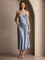 [Azul Grisáceo] SilkSilky-ES Spaghetti Strap V Neck Vestido 003