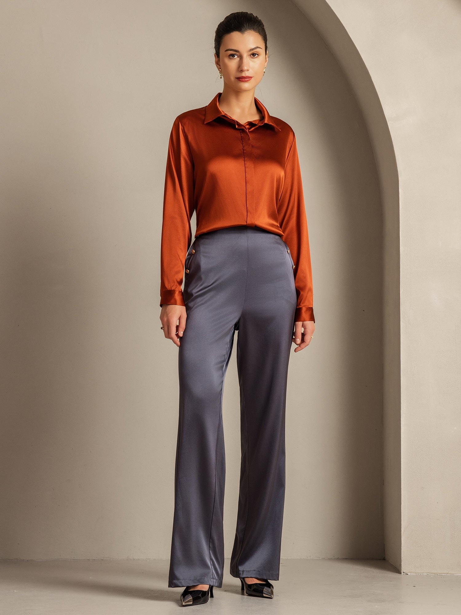 [Caramelo] SilkSilky-ES 19Momme Seda Manga larga Cuello Camisero Blusas de Mujer 008