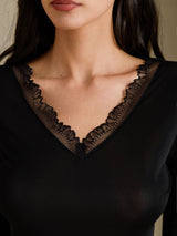 [Negro] SilkSilky-ES Long Sleeve V Neck Ropa Interior Larga Mujer 005