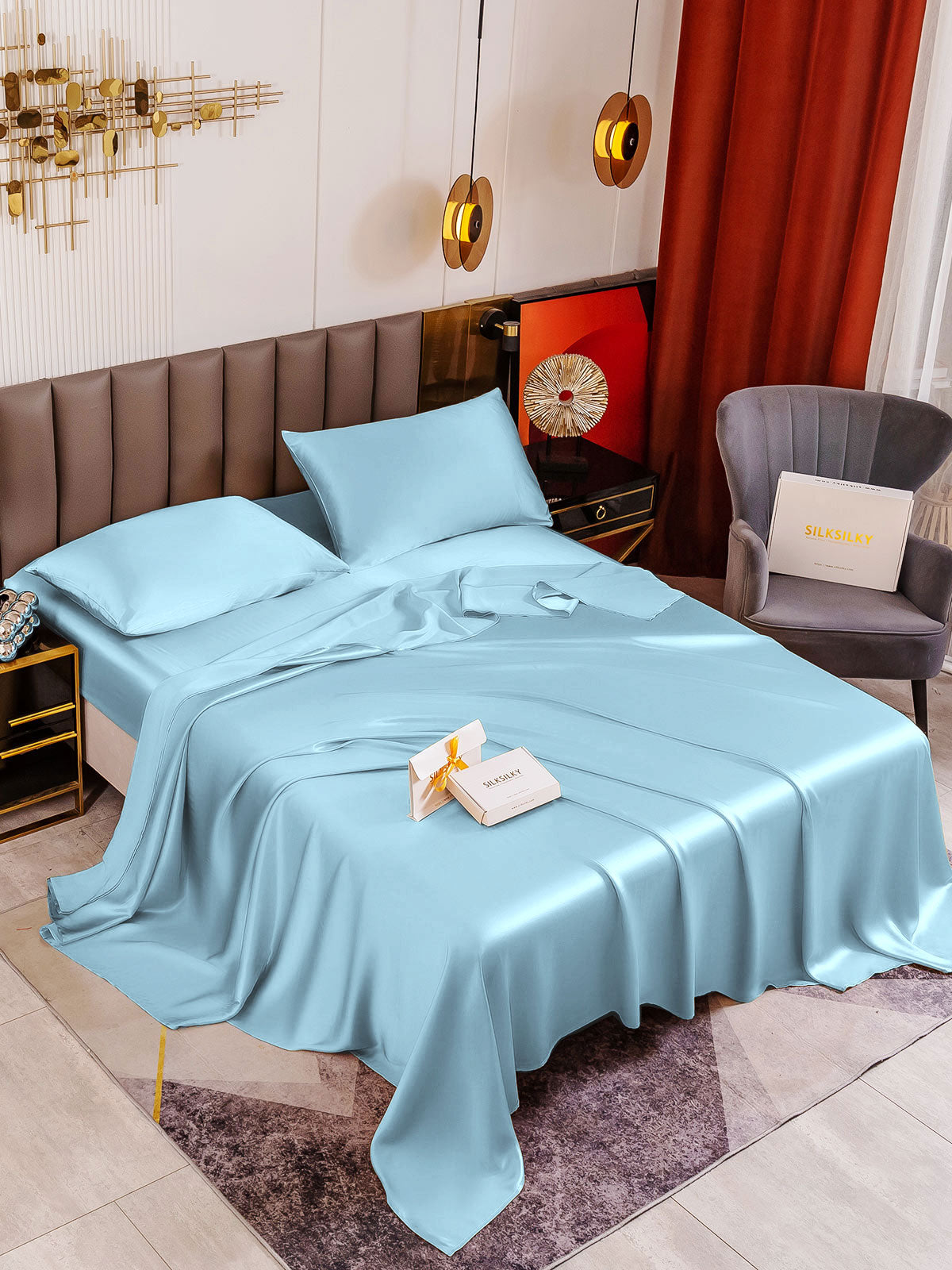 [Azul Claro] SilkSilky-ES 19Momme Seda Pura Bedding Set 001