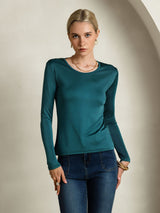 [Verde Posy] SilkSilky-ES Manga larga Cuello Redondo Camisetas de Mujer 004