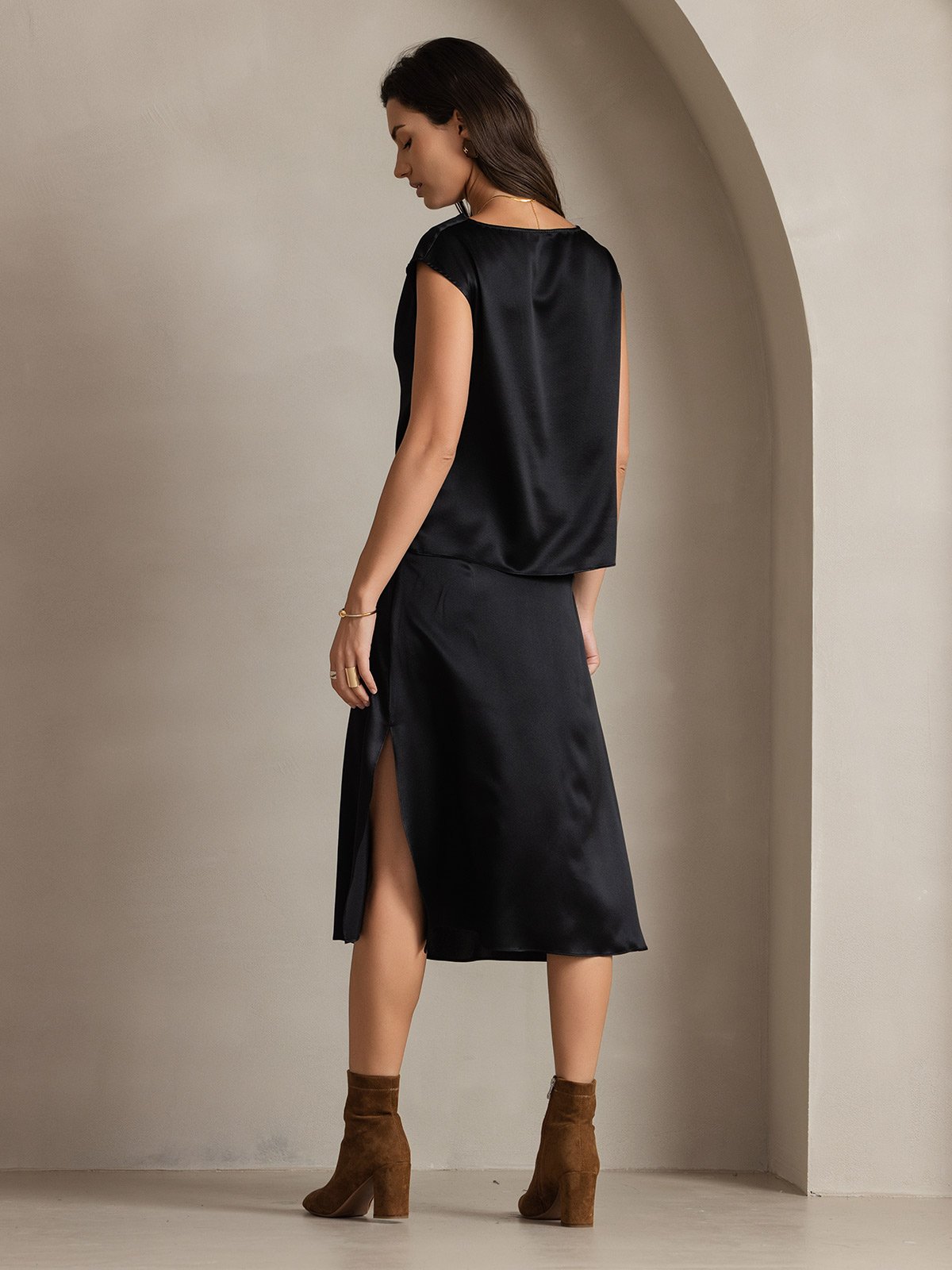 [Negro] SilkSilky-ES 19Momme Seda Escote Caído Camisetas de Mujer 002