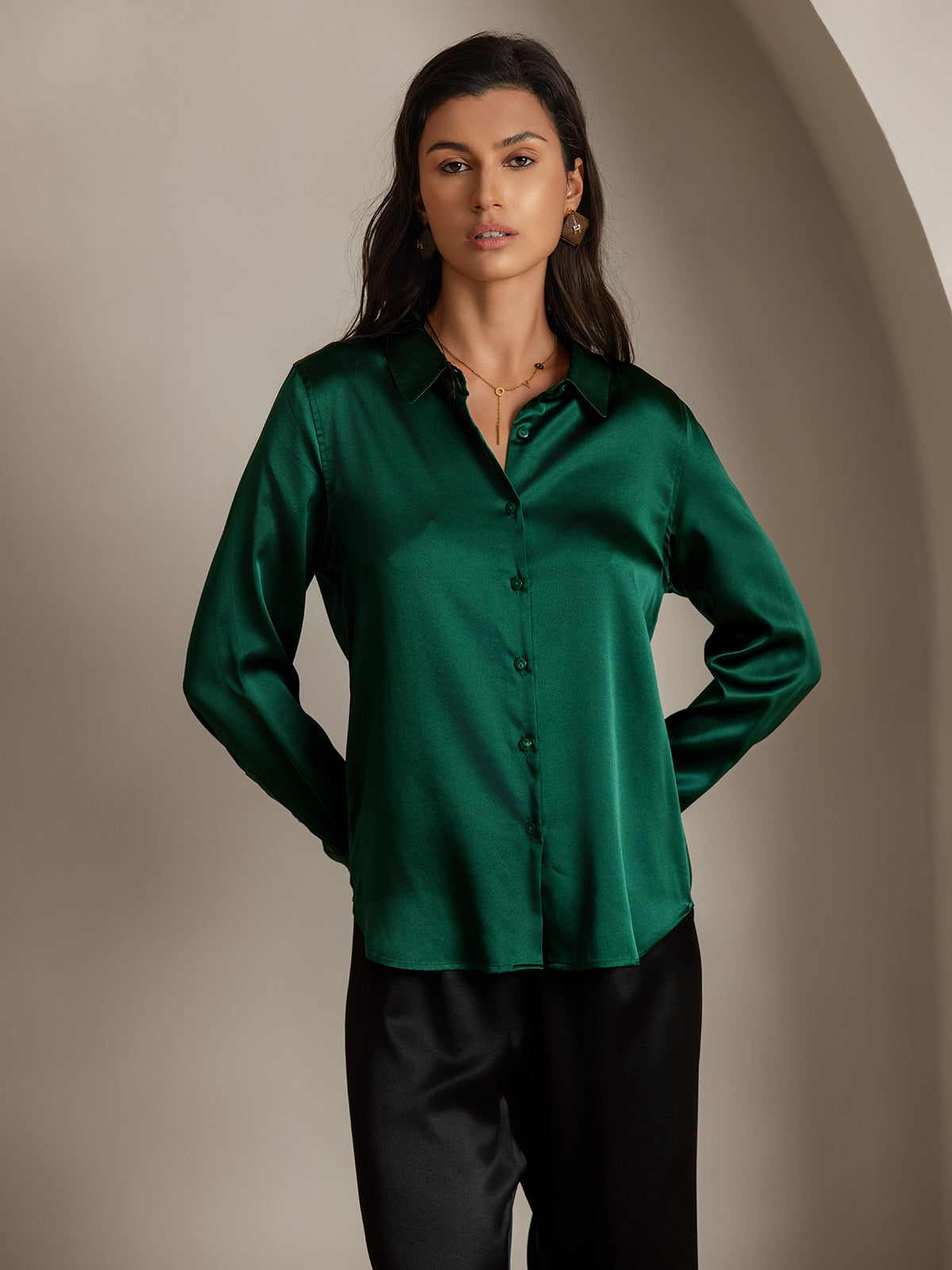 [Verde Oscuro] SilkSilky-ES Seda Manga larga Cuello Camisero Blusas de Mujer 006