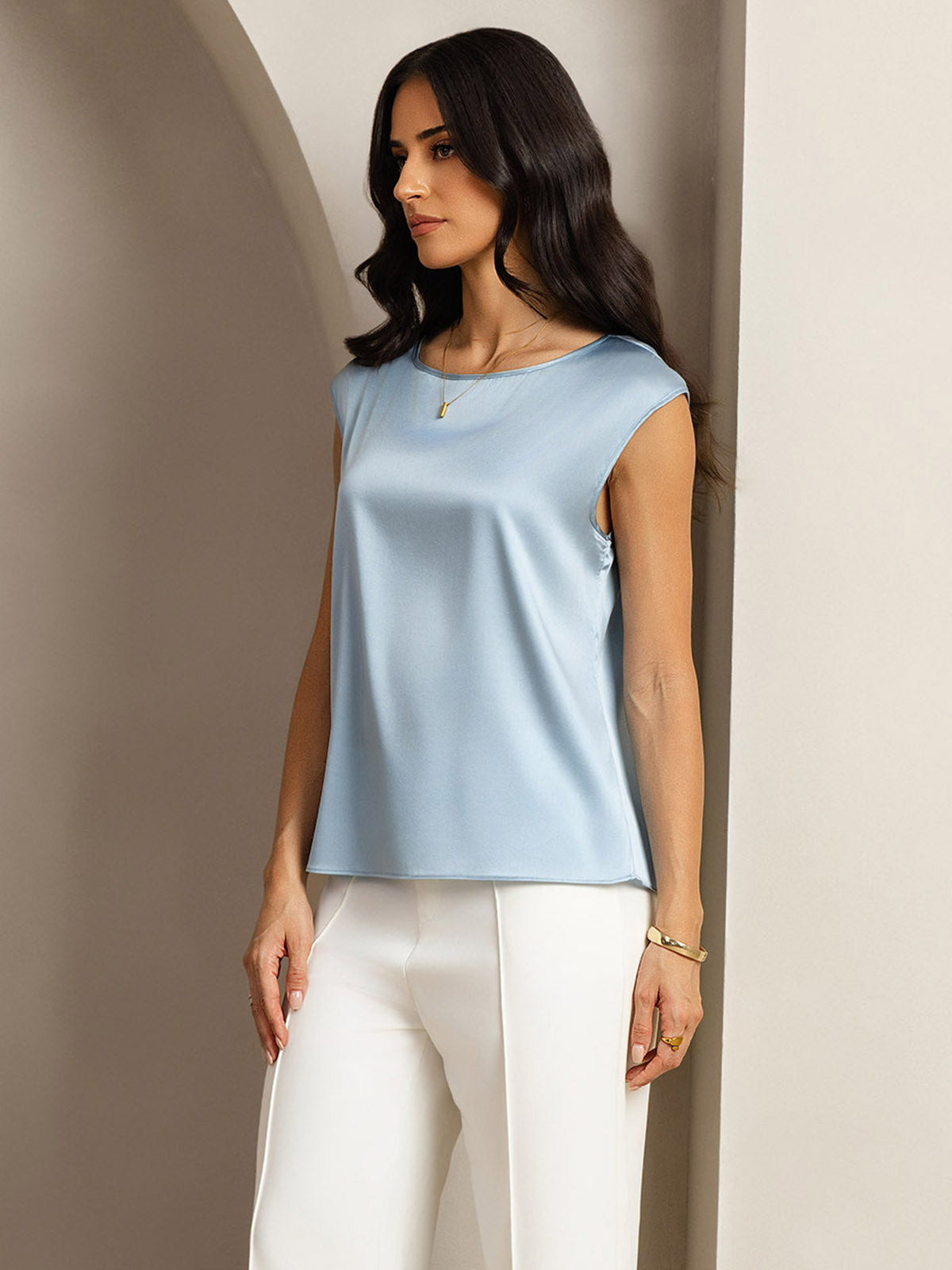 [Azul Grisáceo] SilkSilky-ES 19Momme Seda Womens T-Shirt 005