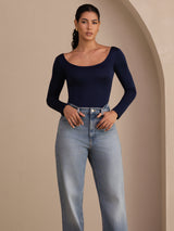 [Azul Oscuro] SilkSilky-ES Long Sleeve Cuello en U Camisetas de Mujer 004