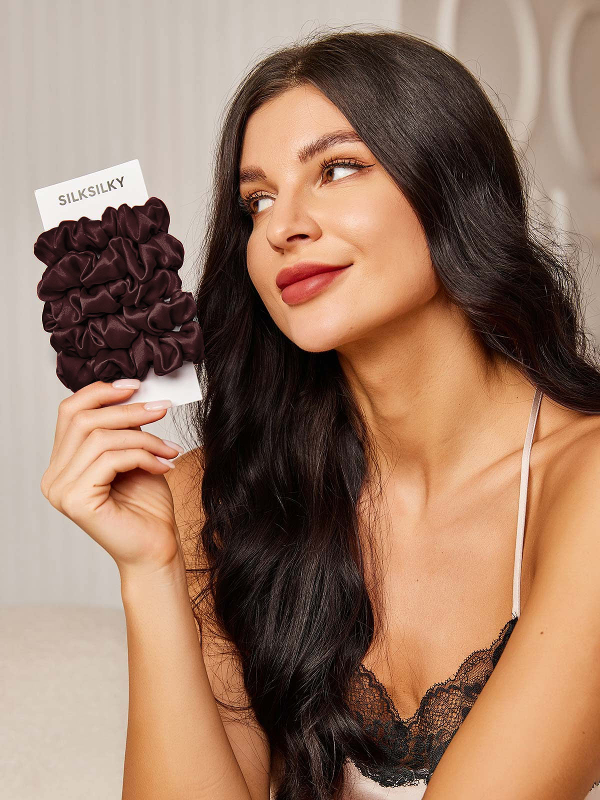 [Marrón] SilkSilky-ES 19Momme Seda Pura Scrunchie 001