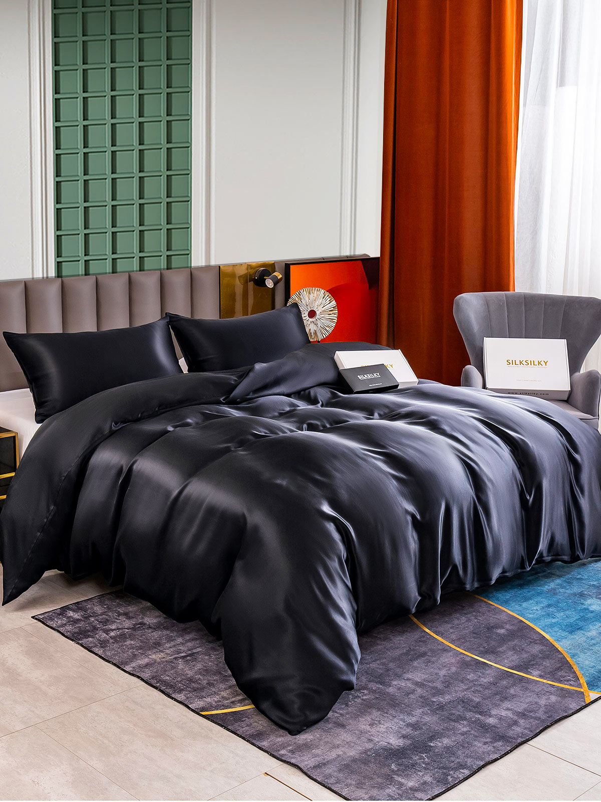 [Negro] SilkSilky-ES 25Momme Seda Pura Bedding Set 001