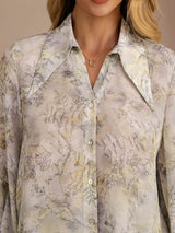 [Flor de Salvia] SilkSilky-ES Long Sleeve Lapel Collar Blusa 005