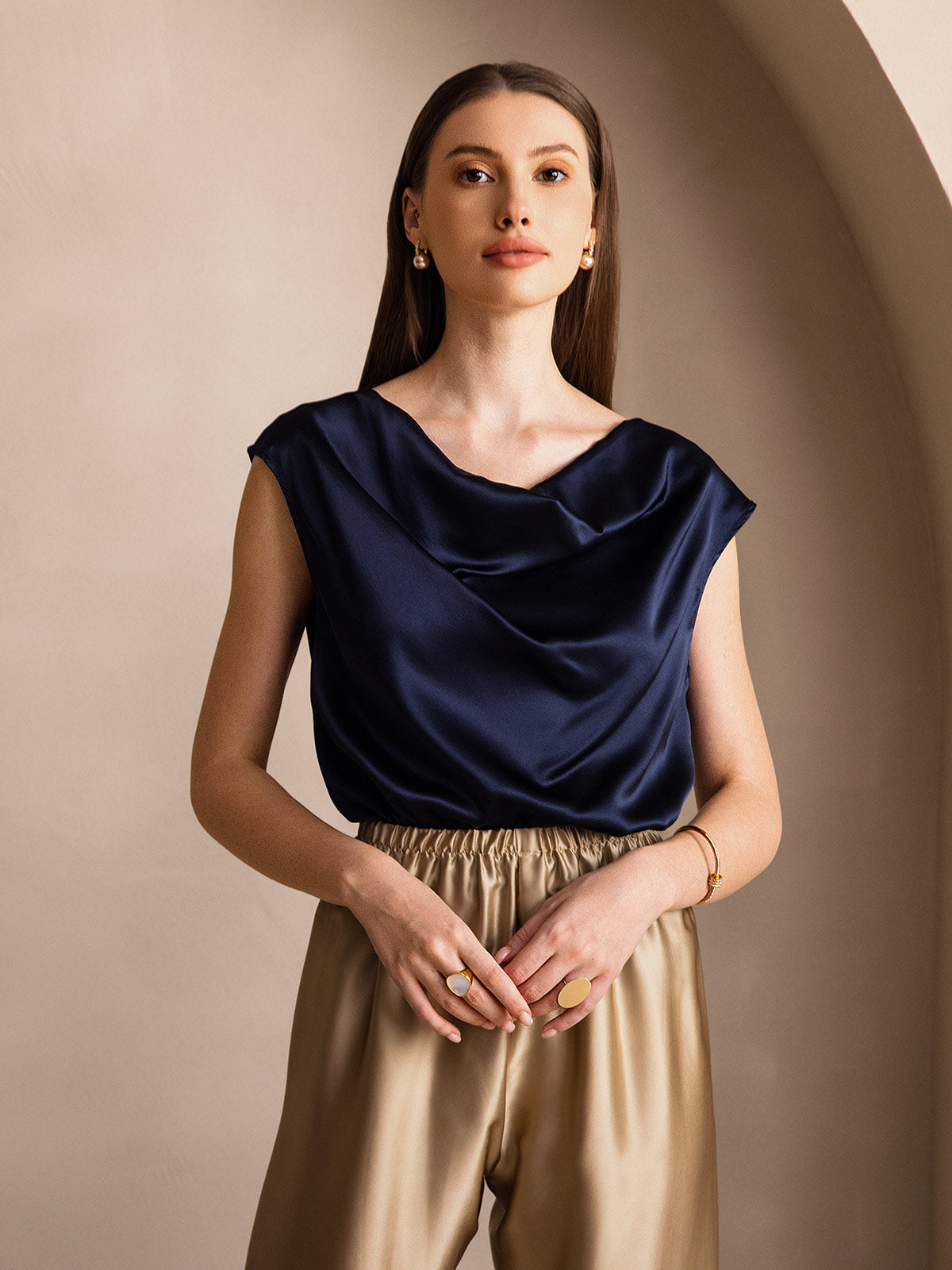[Azul Oscuro] SilkSilky-ES 19Momme Seda Escote Caído Camisetas de Mujer 003