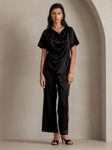 [Negro] SilkSilky-ES Short Sleeve Cowl Neck Blusas 004