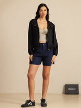 [Negro] SilkSilky-ES 18Momme Manga larga Cuello Alto Chaqueta de mujer 006