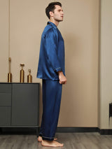[Azul Oscuro] SilkSilky-ES Seda Pura Manga larga Solapa Pijamas de hombre 003