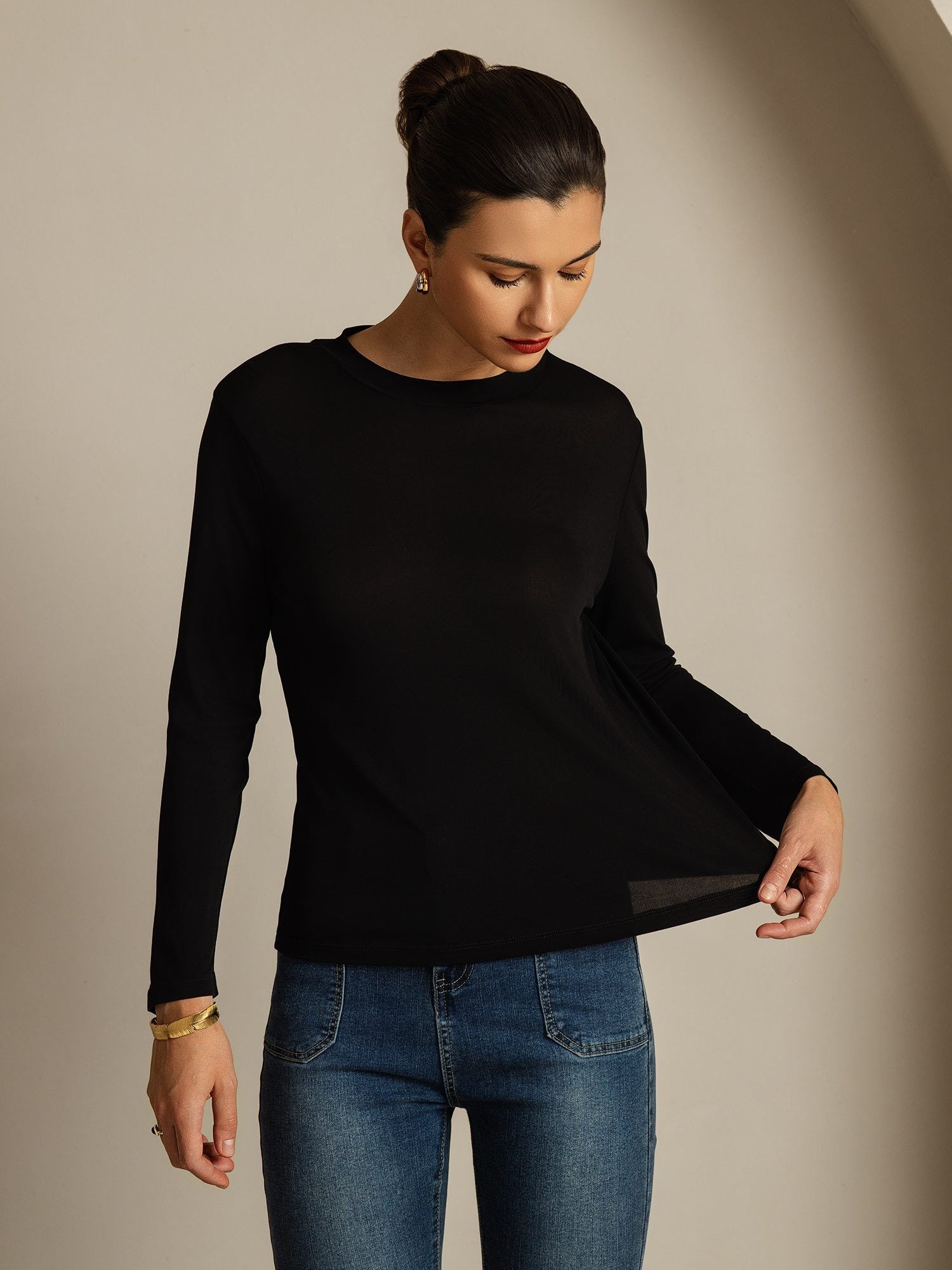 [Negro] SilkSilky-ES Seda Pura Womens T-Shirt 003