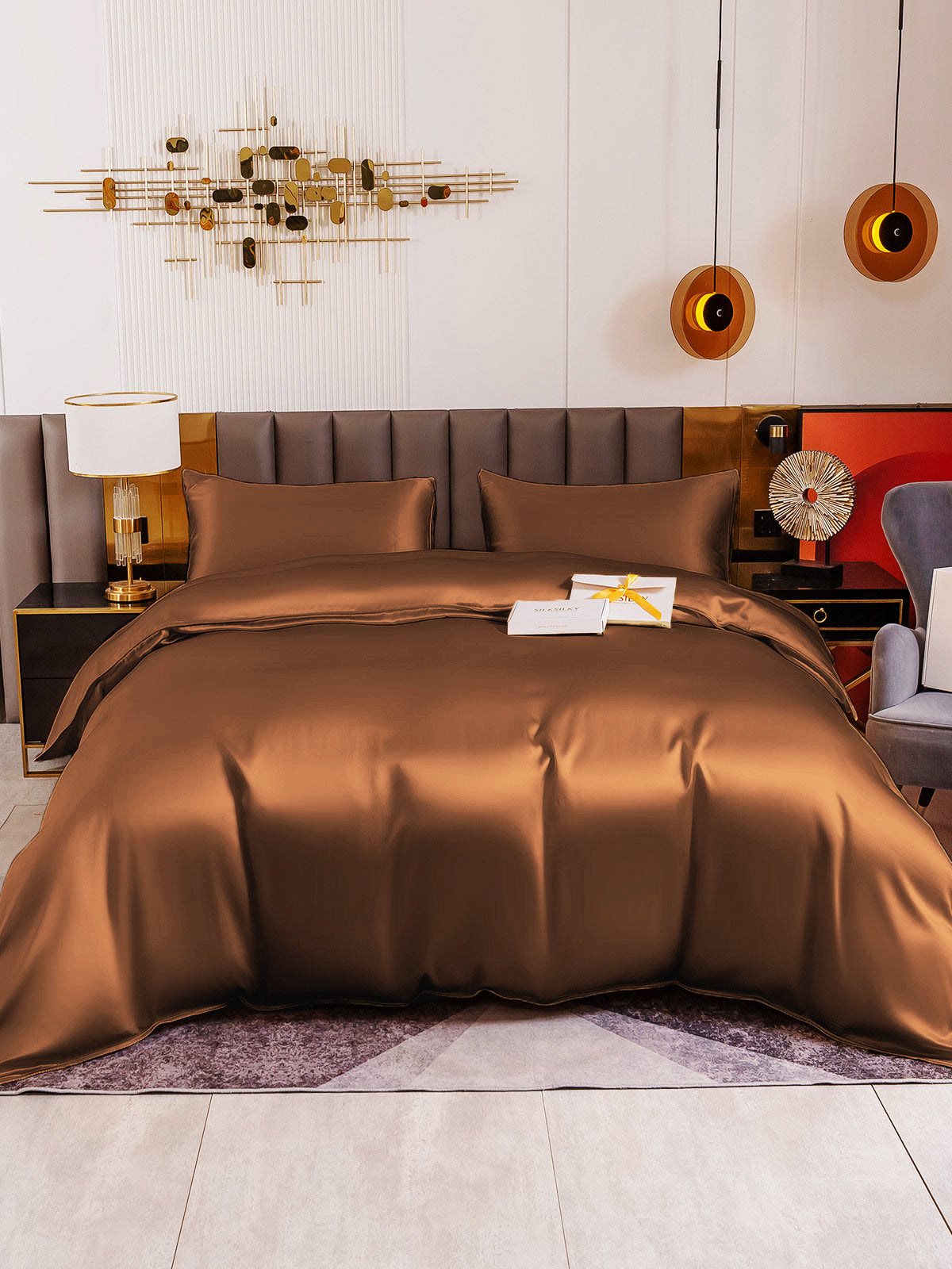 [Café] SilkSilky-ES 19Momme Juego de ropa de cama 005