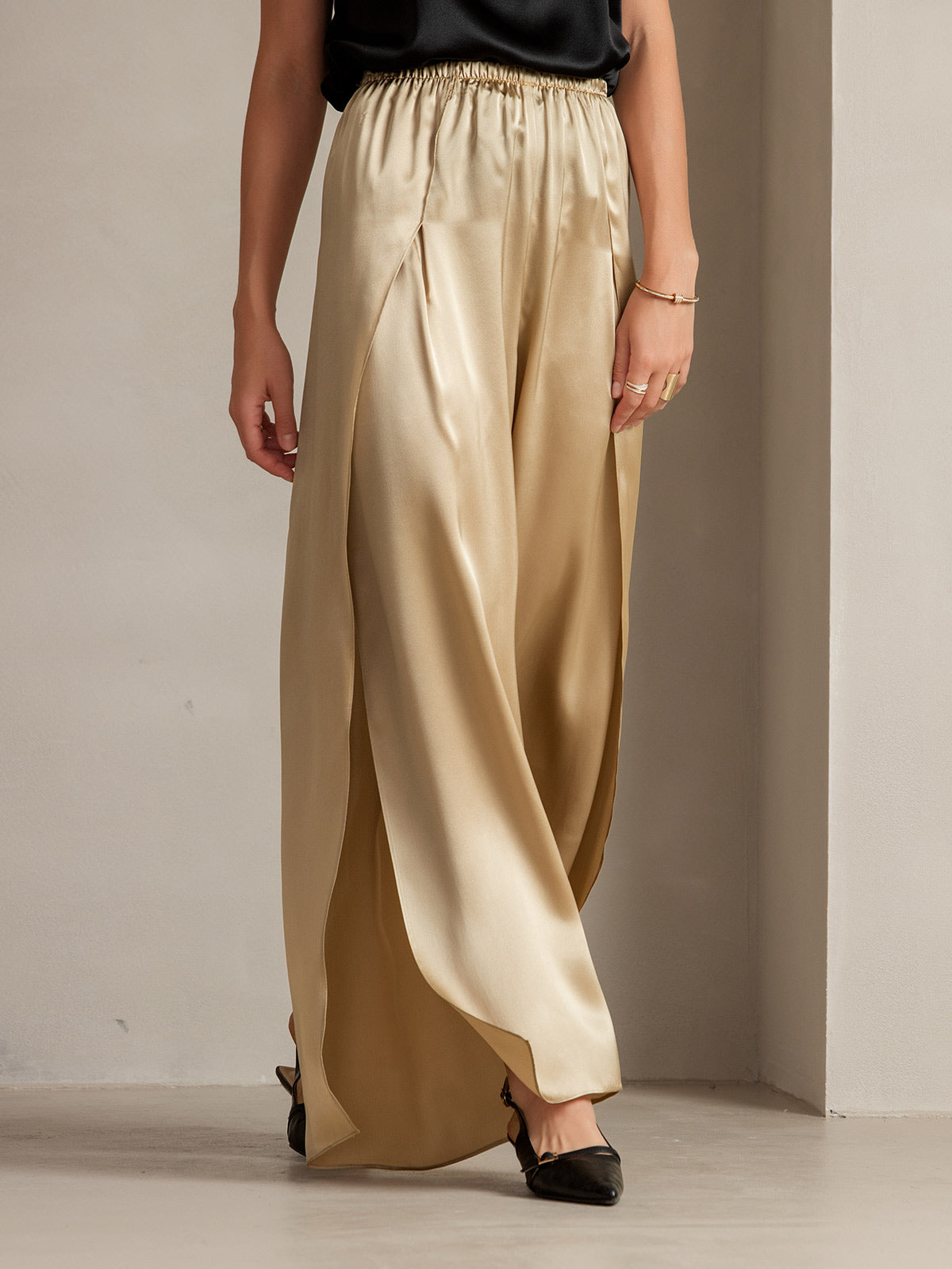 [Champán] SilkSilky-ES 19Momme Seda Split Pantalones de mujer 010
