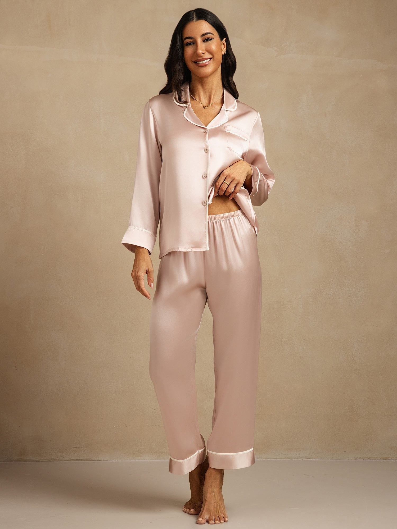 [Rosa] SilkSilky-ES Seda Pura Cuello Camisero Pijamas de mujer 001