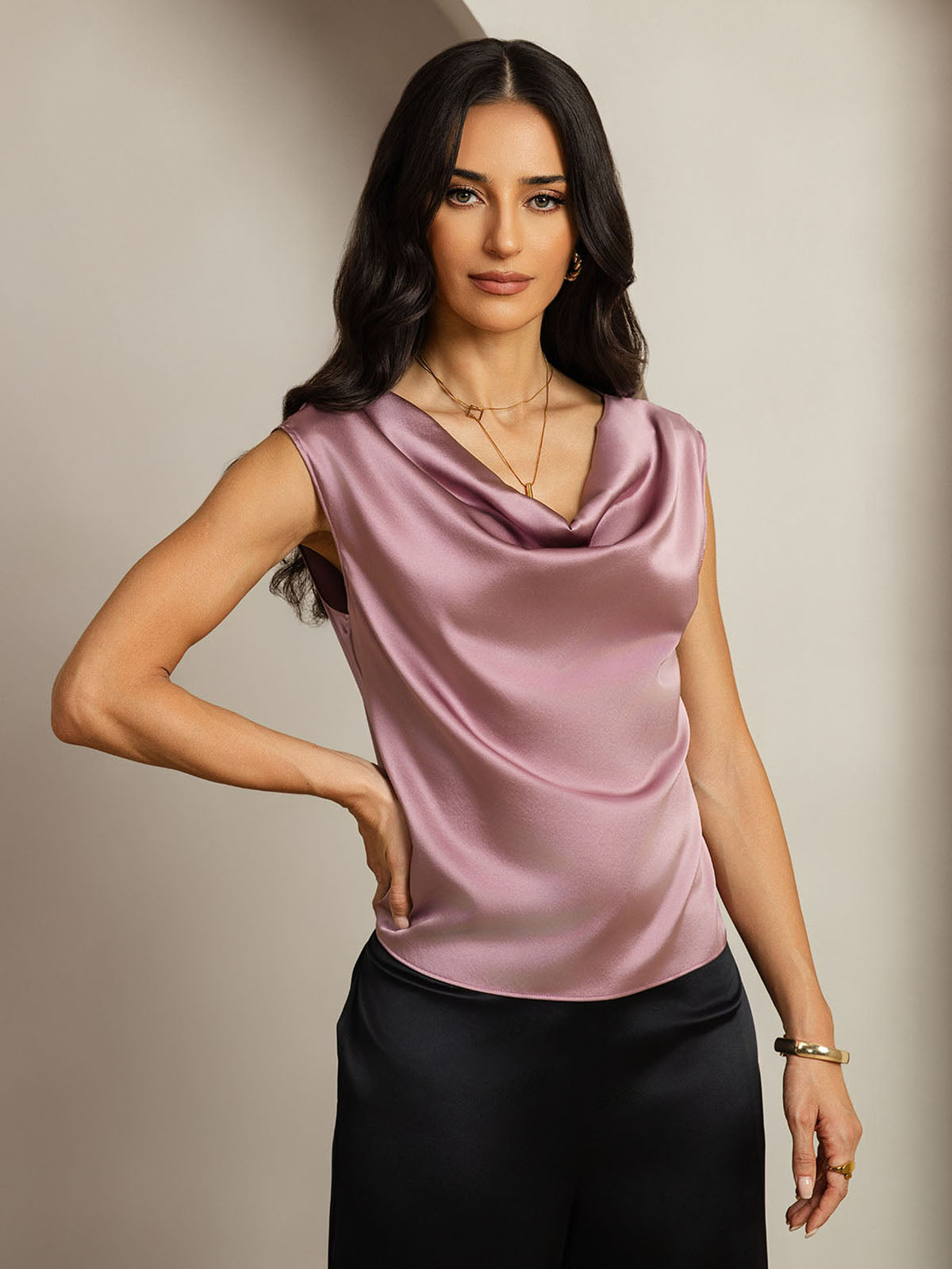 [Malva Pálido] SilkSilky-ES 19Momme Seda Escote Caído Camisetas de Mujer 004