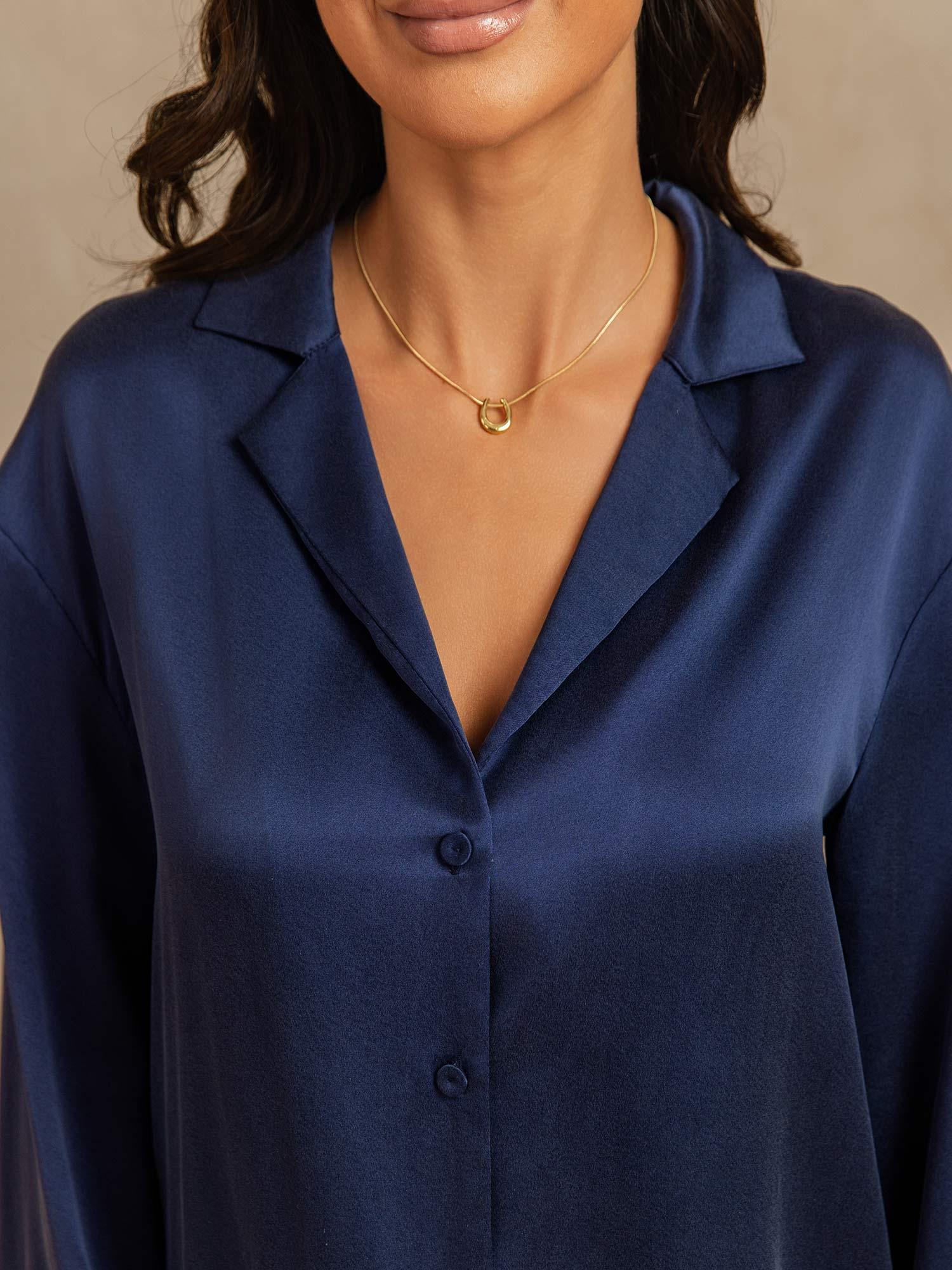 [AzulOscuro] SilkSilky-ES 19Momme Seda Escote V Pijamas de mujer 004