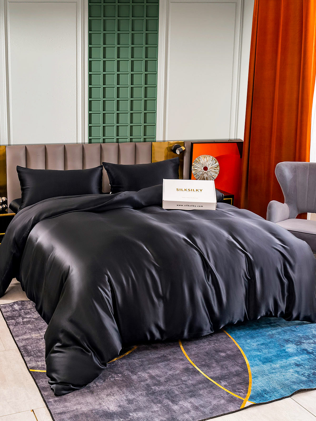 [Negro] SilkSilky-ES 25Momme Seda Pura Bedding Set 002