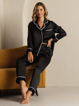 [Negro] SilkSilky-ES Long Sleeve Lapel Collar Pijamas de mujer 008