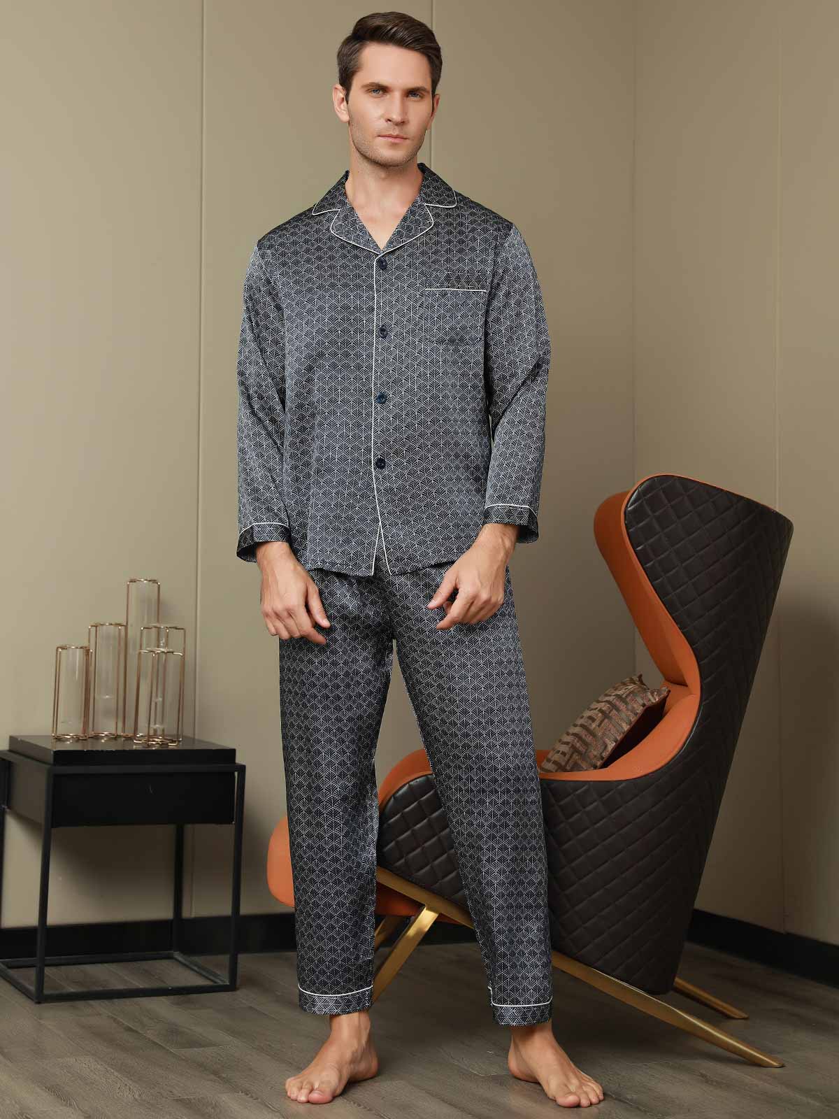 [Ginkgo Azul Marino] SilkSilky-ES 19Momme Seda Pura Mens Pajamas 007