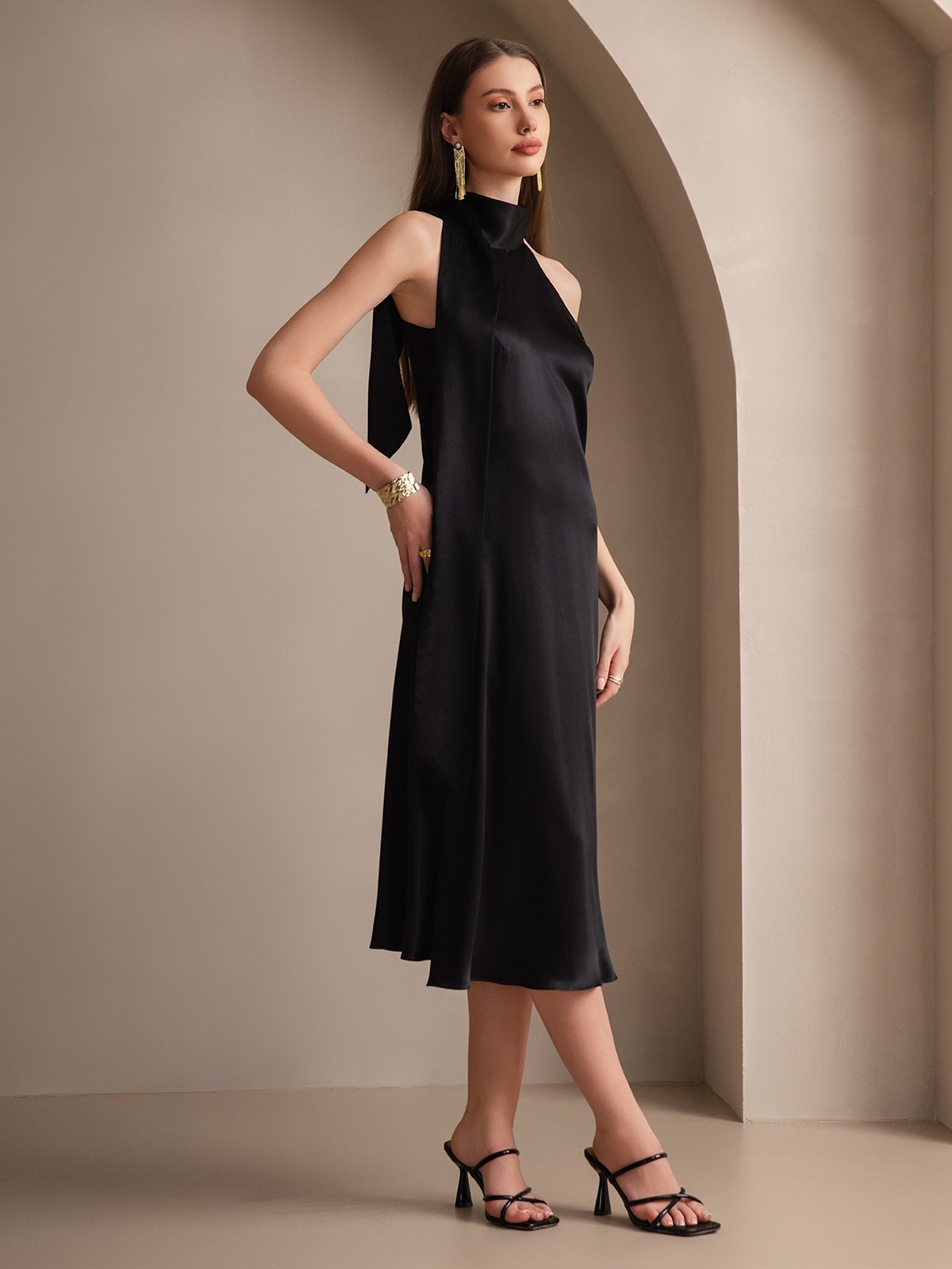 [Negro] SilkSilky-ES 19Momme Seda Sin mangas Corbata Vestido 007