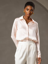 [Rosa] SilkSilky-ES 19Momme Manga larga Cuello con Solapa Blusas de Mujer 001