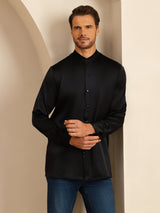 [Negro] SilkSilky-ES Long Sleeve Stand Collar Camisa de hombre 006