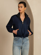 [Negro+AzulOscuro] SilkSilky-ES 18Momme Manga larga Cuello Alto Chaqueta de mujer 001